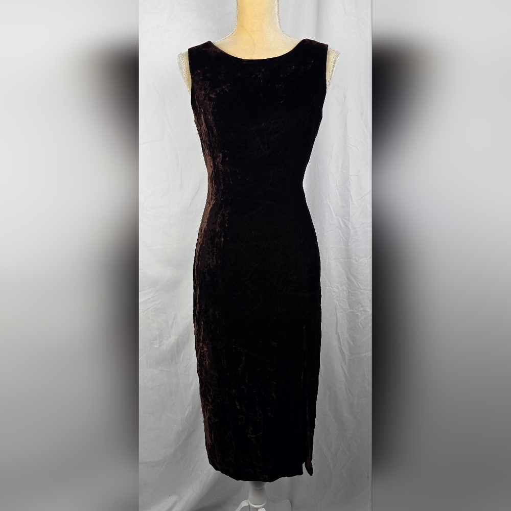 Vintage Donna Ricco New York Petite Brown Velvet Shift Dress sz 8 Classic Modest